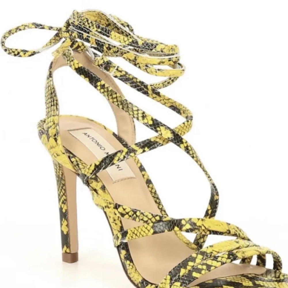 ANTONIO MELANI Vaylyn Snake Print Leather Lace Up Dress Sandals, Yellow/Blk (7.5 - Picture 5 of 6